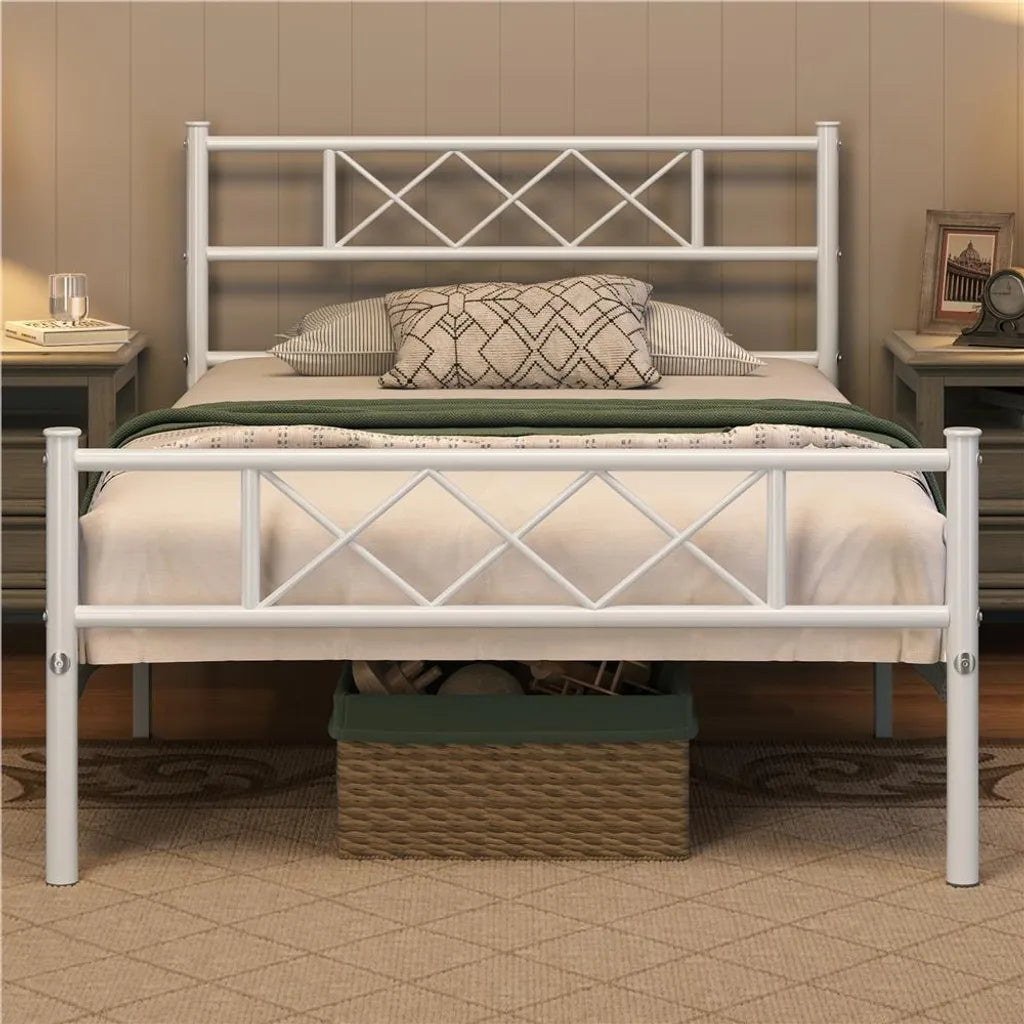Yaheetech Cadre de lit 90 × 200 cm - Métal blanc - Lit simple avec tête de lit X-Design, sommier à lattes et espace de rangement de 32 cm