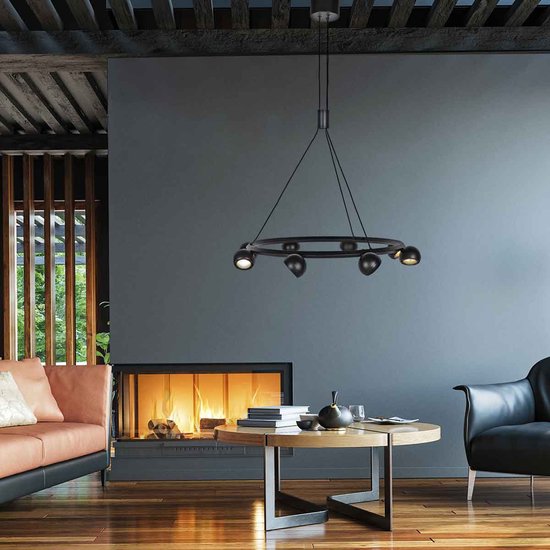 Suspension ronde noire à 8 lampes Marcadore, ø 60 cm - Orientable, réglable en hauteur, plastique/métal - Steinhauer