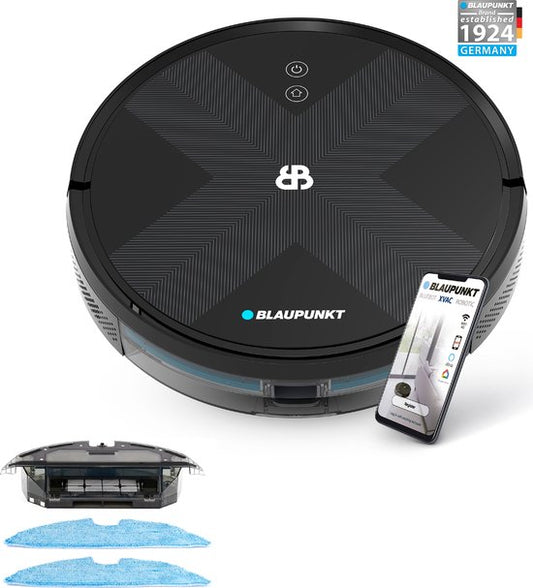 Blaupunkt Bluebot XVAC BPK-VCBB1XVBWT - Robot aspirateur avec fonction balayage - Station de recharge - Navigation gyroscopique intelligente - avec réservoir d'eau