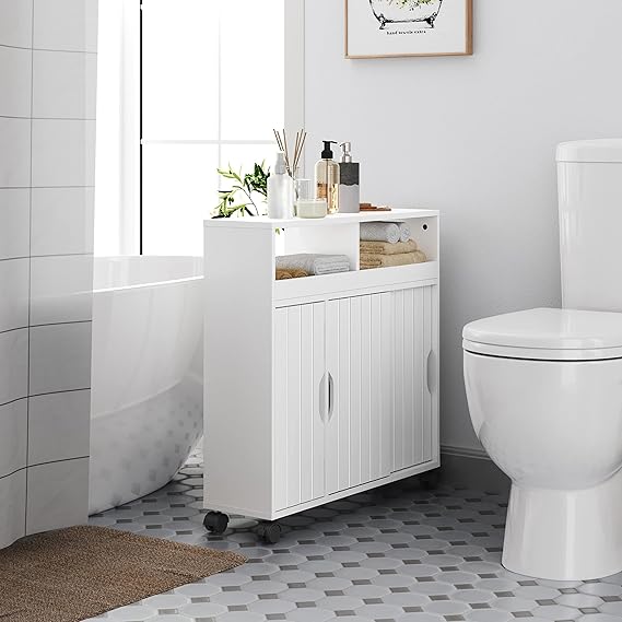 Armoire de salle de bains Yaheetech 69,5 x 20 x 71,5 cm - Portes coulissantes - Roulettes - Blanc