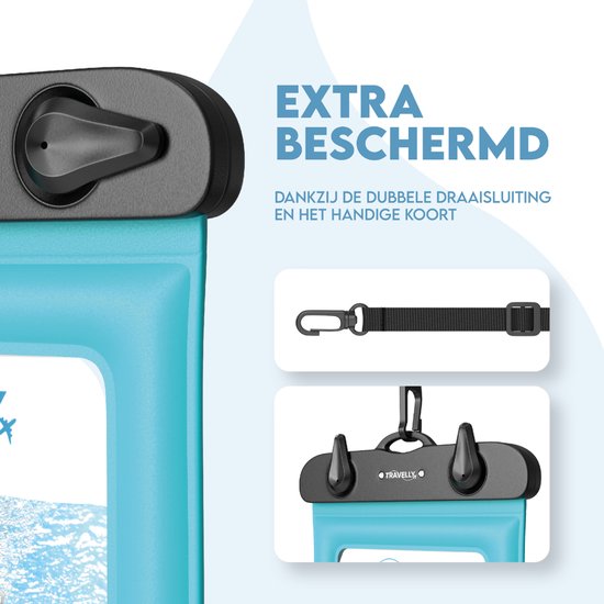 Travelly® Waterproof Phone Case Set of 2 - Universal Underwater Case for Smartphone - Convient à tous les téléphones - Drybag - Pour les vacances, la natation et les sports nautiques - Noir/Bleu