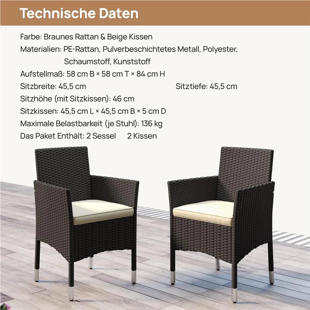 Yaheetech Ensemble de 2 chaises de jardin en polyrotin 58 x 58 x 84 cm - Marron/Beige - Fauteuils de jardin avec coussins d'assise et de dossier