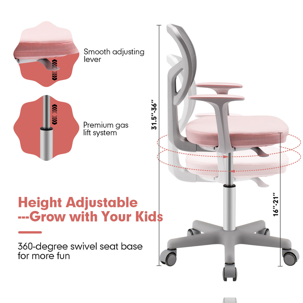 COAST Chaise de bureau pour enfant - Réglable en hauteur - Pivotant à 360° - Avec accoudoirs et dossier - Pour les enfants de 3 à 10 ans - Rose
