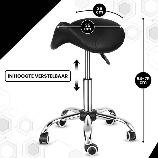 Bayt Tabouret de selle - Chaise de selle - Tabouret de barbier - Tabouret de selle sur roulettes - Tabouret - Réglable en hauteur - Noir
