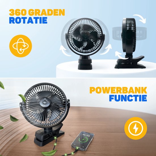 Vulpes Goods® Tech - Ventilateur de table MAX - Ventilateur - Rechargeable et sans fil - Ventilateur USB silencieux avec télécommande - 5 vitesses et éclairage - Ultra silencieux - 12000 mAh et fonction Powerbank - Noir