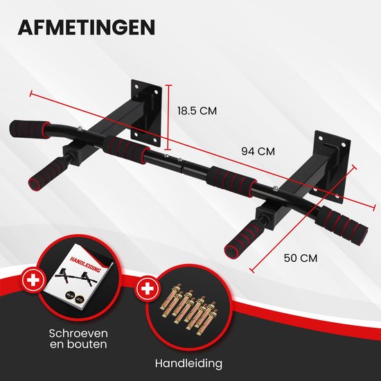 TTD® Premium Pull Up Bar - Pull Up Station - Wall Mount Pull Up Bar - Dip Station - Dip Bars - Home Sports - Home Fitness - Premium materials - Extra sturdy mounting parts - Home workout - Black/Red