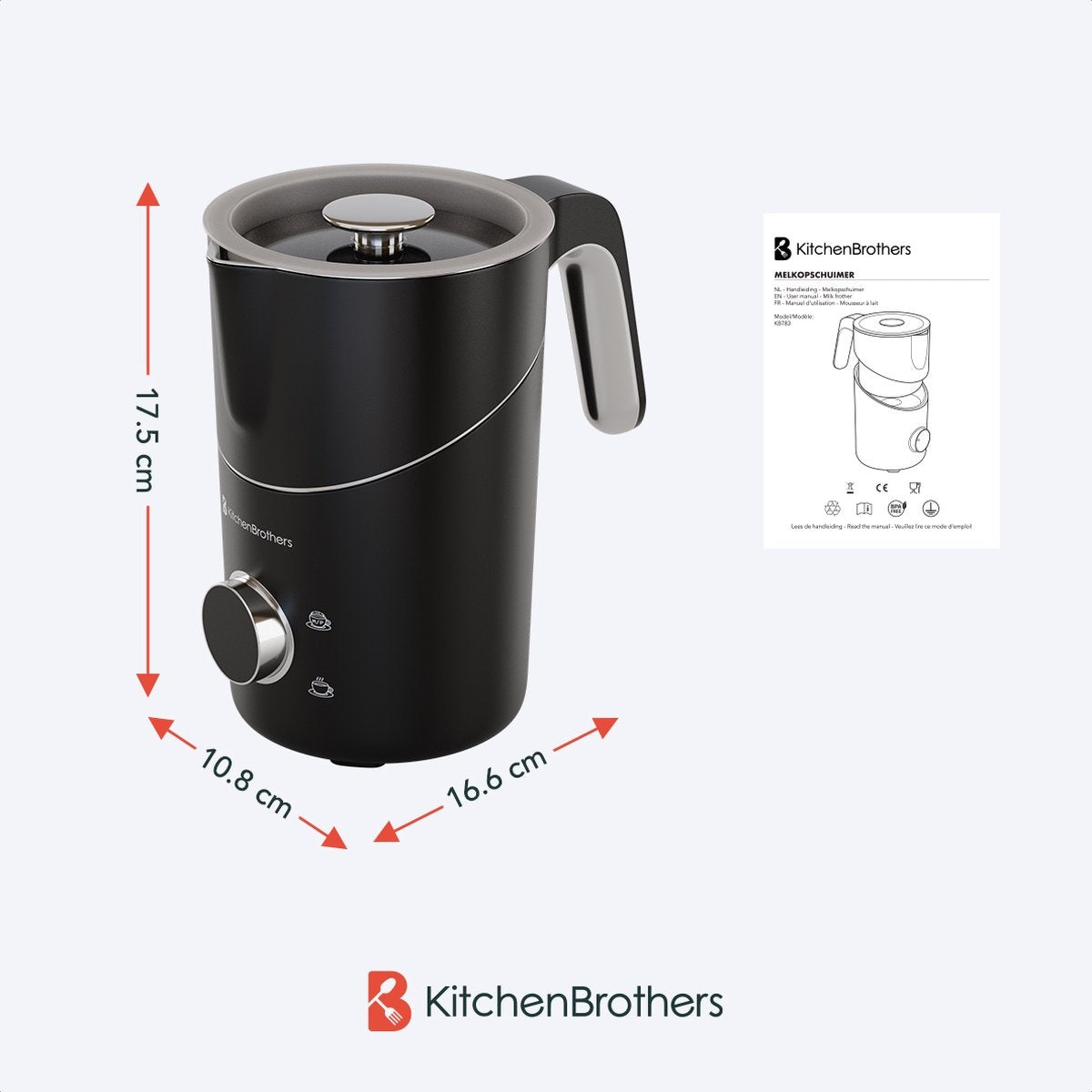 KitchenBrothers Mousseur à lait  électrique - 4 en 1 - 400 ML - Noir
