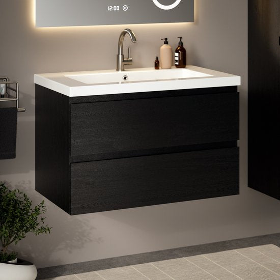 Meuble de salle de bains Mirlux en chêne noir 80 cm - Lavabo blanc - Ensemble de meubles de salle de bains - Meuble-lavabo en chêne noir