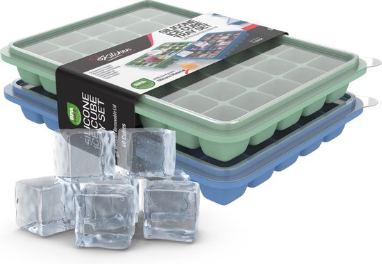 KitchenLove Moule à glaçons en silicone avec couvercle (2 pièces) - 80 glaçons - Carré - Sans BPA - 100% Silicone - Vert & Bleu