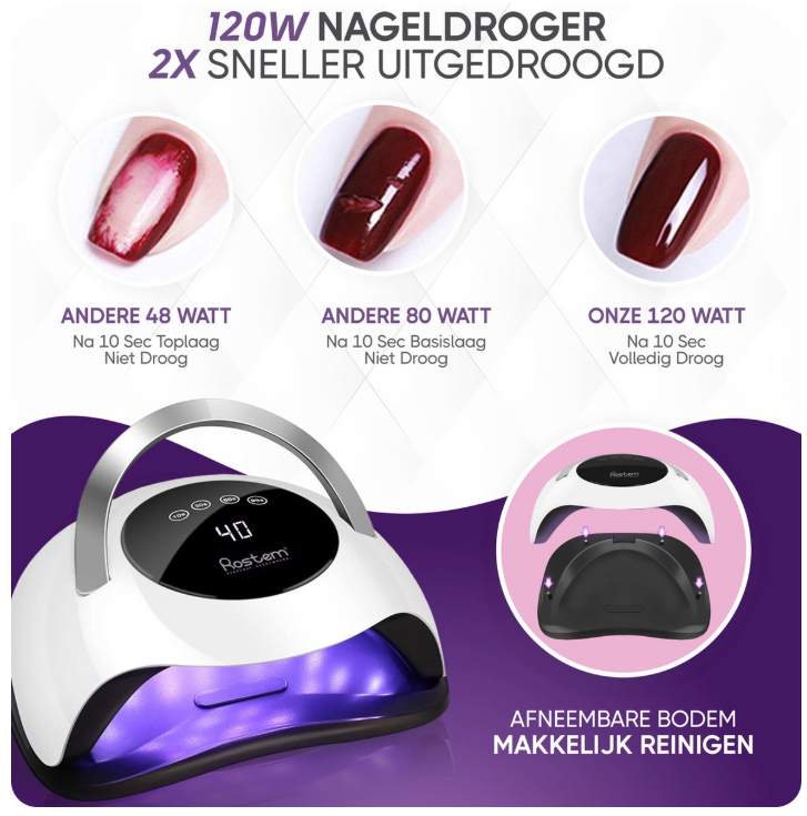 Rostem 120 Watt UV LED Nail Dryer - Nail Lamp - Perfectly Cured Nail Gel Paint - LED Lamp - Long Cord - White