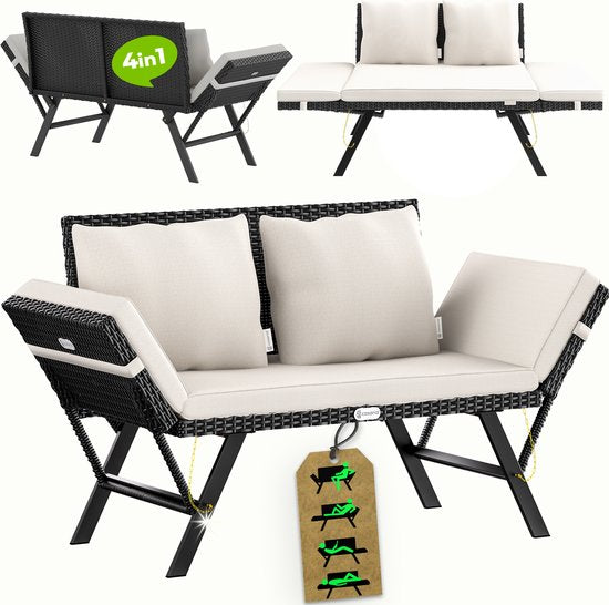 Banc de jardin Casaria Polyrattan - 176 cm réglable avec coussins - Noir