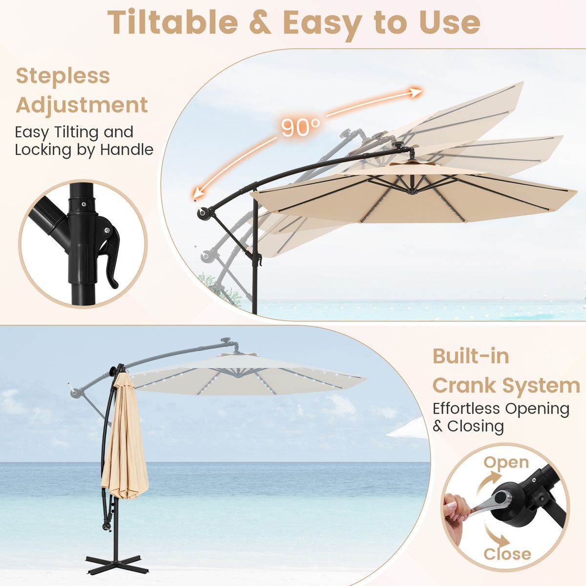 Parasol de terrasse Coast avec éclairage LED à énergie solaire - bras réglable - beige - Ø 350 cm