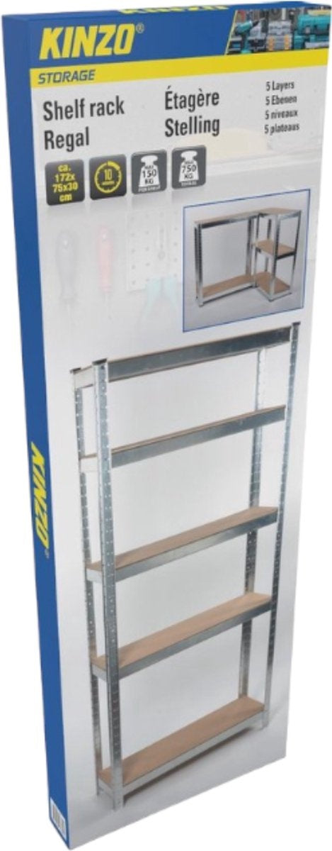 Kinzo Étagère de Rangement en Métal - 5 Niveaux - 172x75x30 cm - Capacité 750 kg