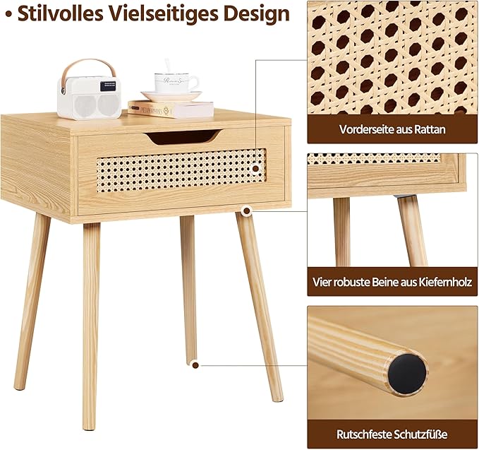Table de chevet Yaheetech avec tiroir en rotin – Marron clair – 48,5 x 41 x 57,5 cm – Pieds en bois