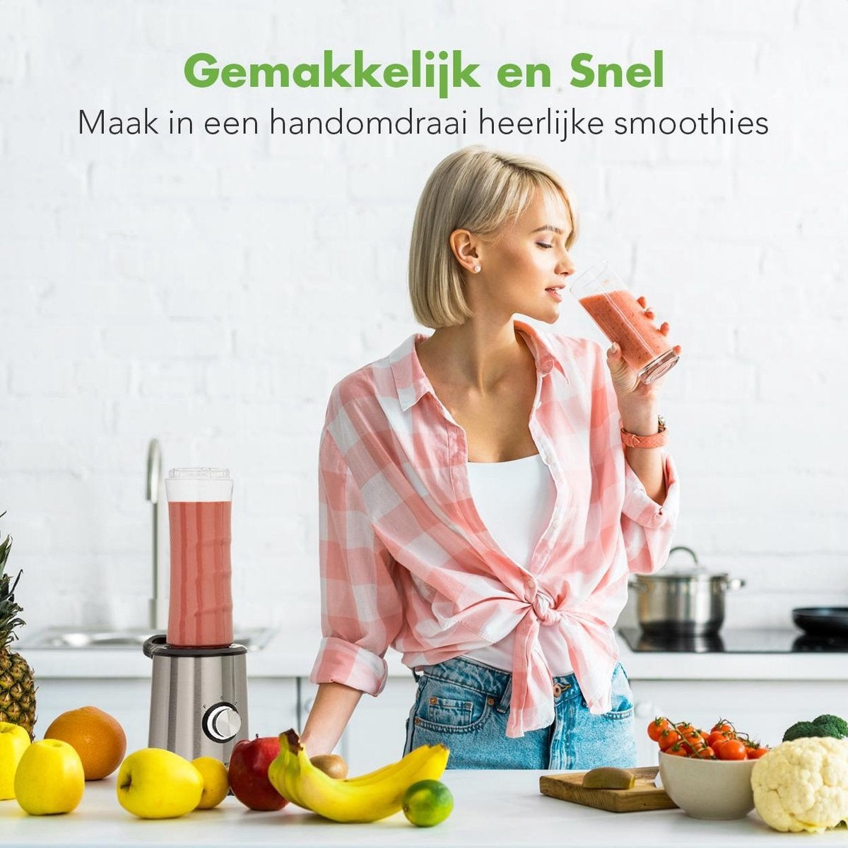 Mini Blender - KitchenBrothers - 2 gobelets à emporter - 350W - acier inoxydable