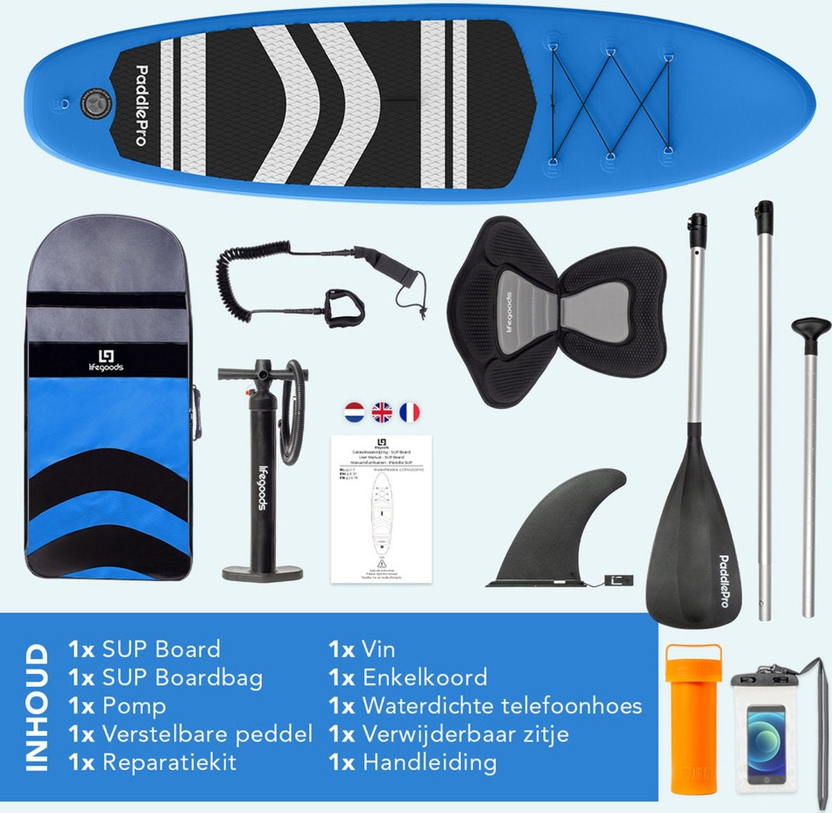LifeGoods SUP Board - avec siège - Inflatable Paddle Board - Set complet - Max. 135KG - 320x81cm - Bleu