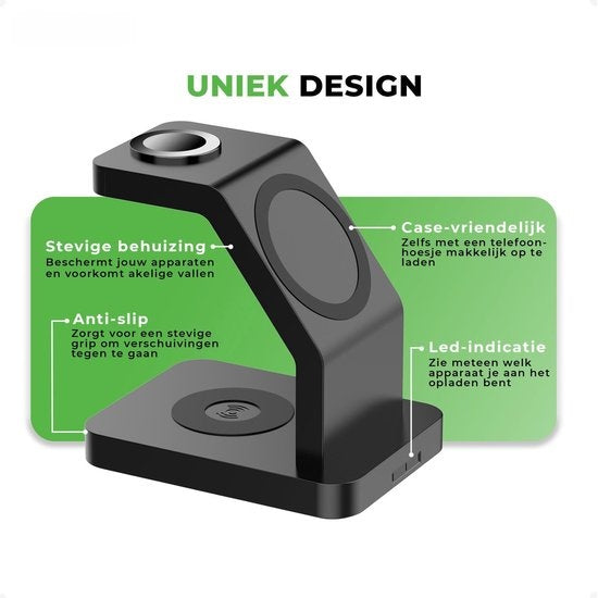 iSETCHI - Chargeur sans fil Qi et Magsafe 3-en-1 - 15 Watt - Plastique noir - Adaptateur QC 3.0 inclus - Pour iPhone, Apple Watch et Airpods - Lieu de travail organisé