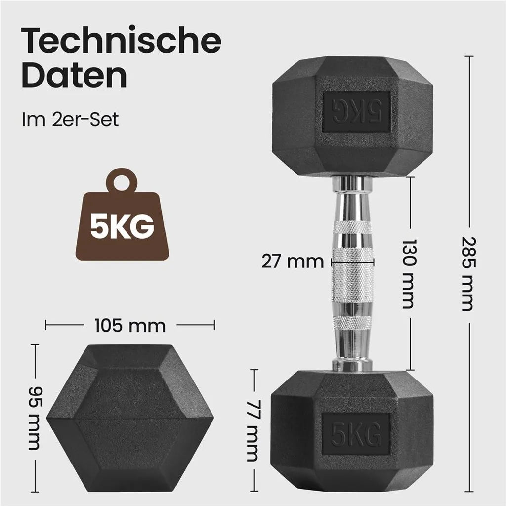 Lot de 2 haltères hexagonaux Yaheetech de 5 kg chacun - Noir - Haltères en caoutchouc avec poignées antidérapantes