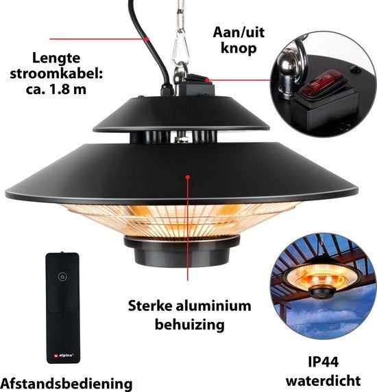 alpina Heater Chauffe-terrasse - Chauffage infrarouge - IP44 résistant aux éclaboussures - 1500W - Noir