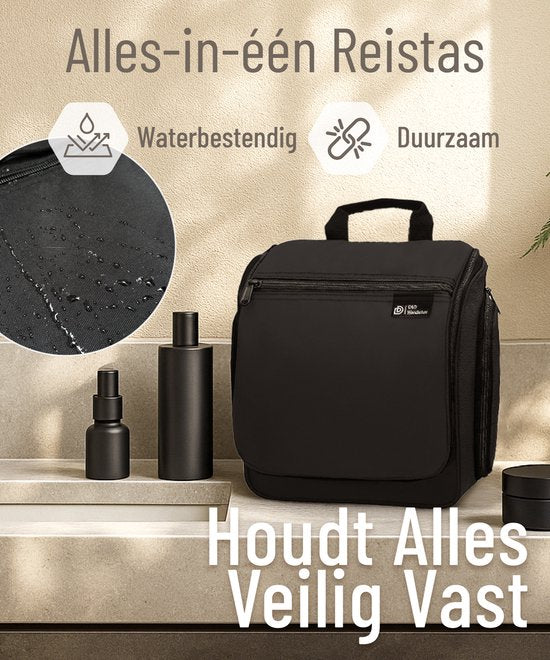 Trousse de toilette D&D Wanderlust avec crochet - Organiseur de voyage de luxe à suspendre avec 10 compartiments - Noir - Unisexe (femmes et hommes) - Capacité de 6 litres - Grande trousse de toilette de voyage à suspendre - Trousse à maquillage