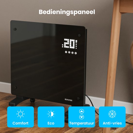 Auronic Electric Heater - Convector Heater with Thermostat and Remote Control - Glass Panel Heater - 1000W Heater - Black