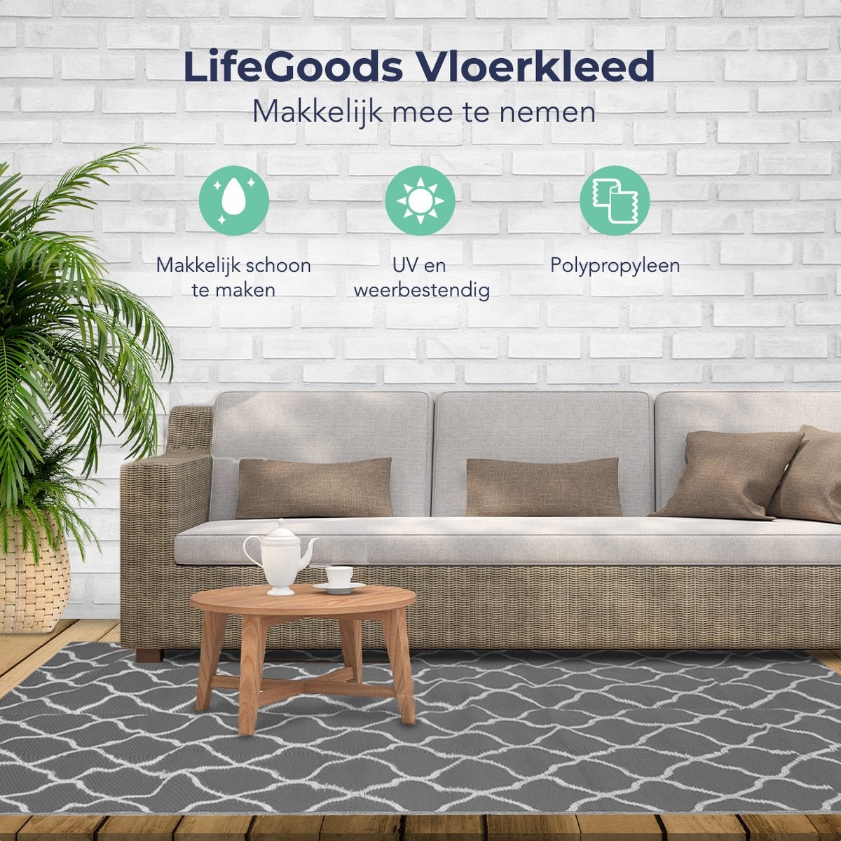 LifeGoods Tapis d'extérieur - 183x290CM - Tapis de jardin - Tapis d'extérieur - Réversible - Sac de transport inclus - Avec motif - Gris/Blanc