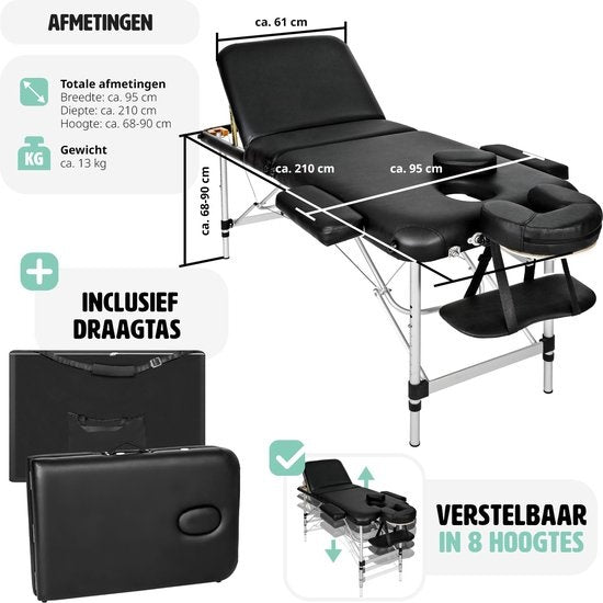 Table de massage mobile en aluminium 3 zones - noire - table de traitement - divan de traitement - sac de rangement inclus - pliable
