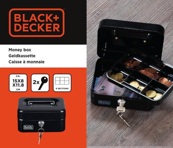 Coffre-fort Black&Decker - 2 clés - noir - acier - bac à monnaie - 15 x 12 x 8 cm