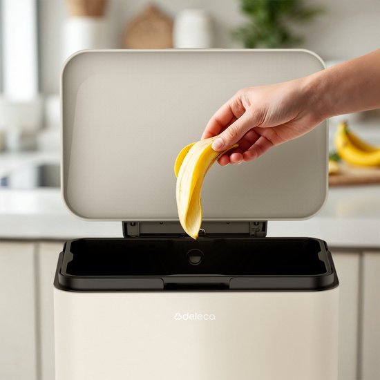 Deleca Poubelle Prestige - 50 Litres - Large - Acier inoxydable Poubelle / Corbeille à papier / Poubelle à pédale - Avec pédale et fermeture lente - Blanc crème