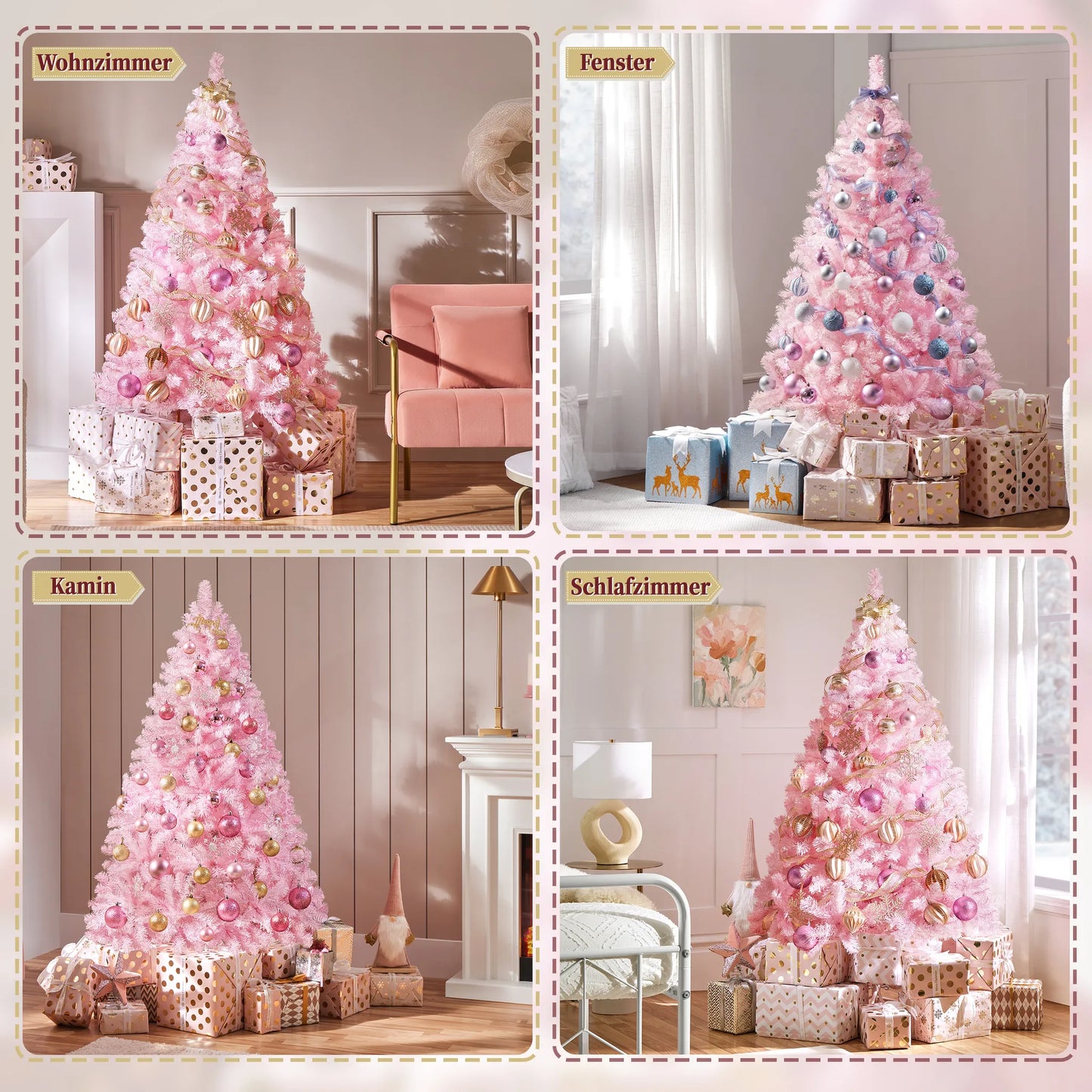 Yaheetech Arbre de Noël artificiel rose - 110 x 110 x 183 cm - avec 598 branches et une base métallique pliable et des capuchons en caoutchouc protecteurs - pour le salon et les vacances - PVC et métal rose