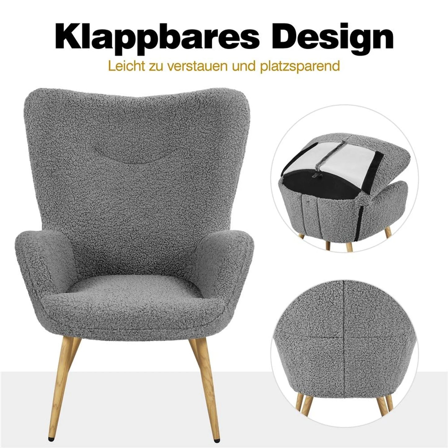 Yaheetech Fauteuil d'oreille avec dossier rabattable - équipé d'un tissu bouclé doux, de croisillons et de pieds protecteurs réglables - pour le salon et la chambre - métal gris et polyester - 70 x 67,5 x 97,5 cm