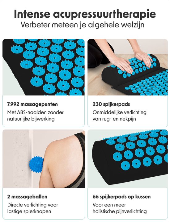 Tapis d'acupression avec coussin - LifeGoods - Tapis Shakti - Tapis avec 2 balles pour les points de déclenchement - 66x40x2cm - Noir/Turquoise