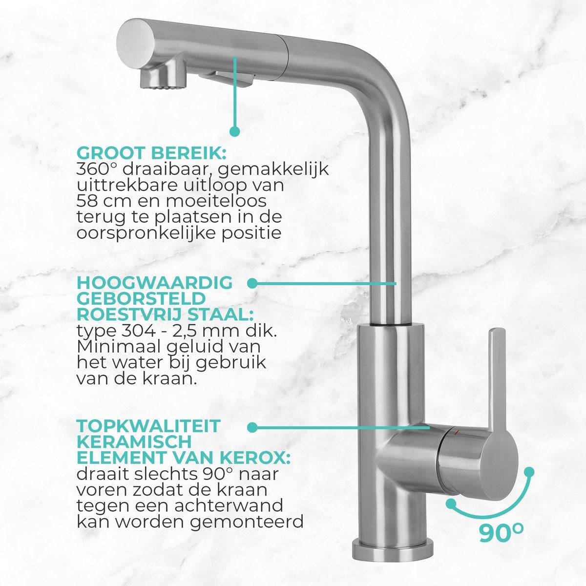 Mizzo Mauro RVS Keukenkraan met Uittrekbare Uitloop - Mengkraan met Handdouche - Keuken Kraan Zwenkbare Uitloop - 100% RVS