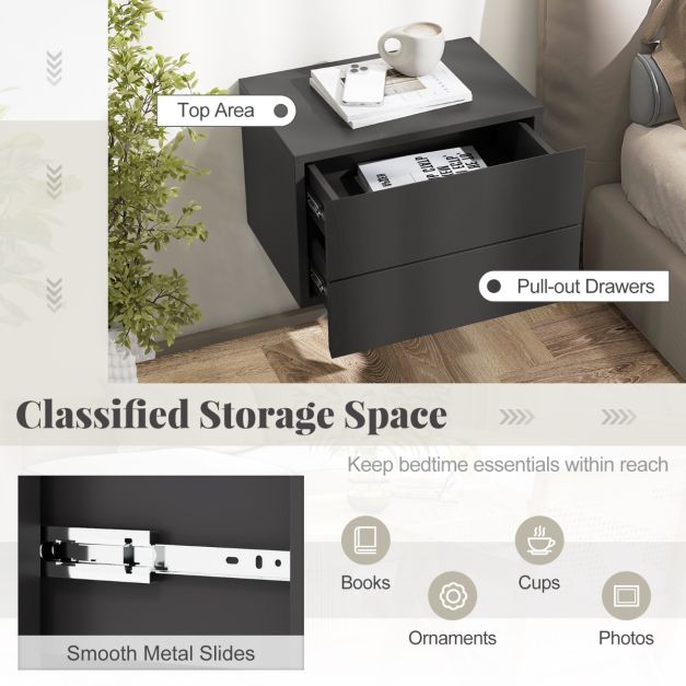 Coast Table de nuit flottante avec 2 tiroirs 42x30x28 cm - Gris - Table de nuit murale moderne