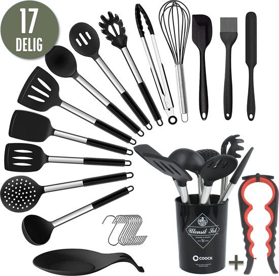 COOCK Batterie de cuisine avec support XL - Batterie de cuisine 17 pièces - Silicone - Sans BPA ni plastique - Susceptible d'être accrochée - Ouvre-boîte inclus