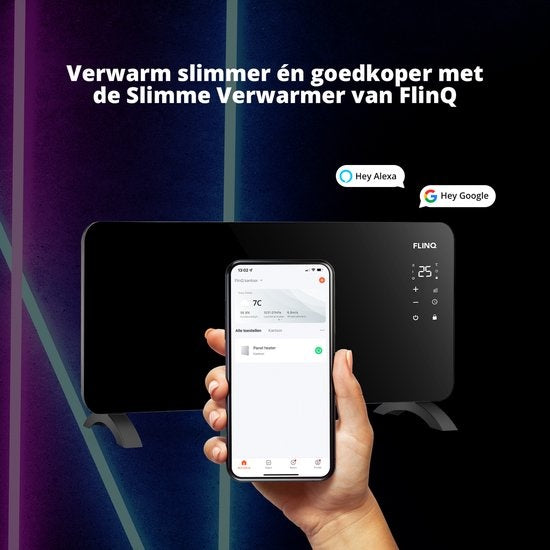 FlinQ Smart Panel Heater with WiFi - Chauffage électrique - Panneau chauffant - Chauffage électrique - Convecteur - Chauffage portable - 2000W - Noir
