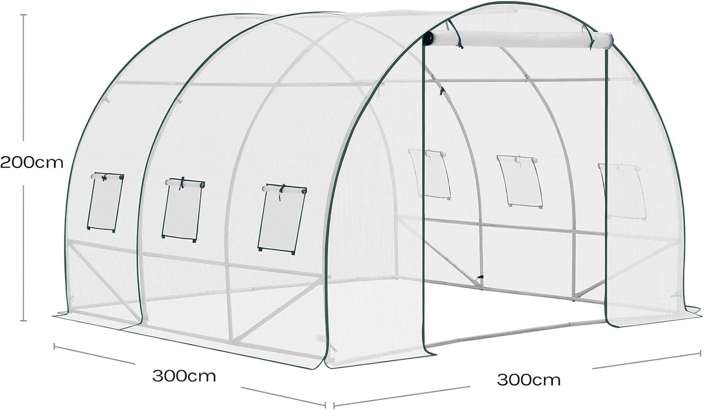 Tunnel de culture WOLTU en film plastique 300 x 300 x 200 cm - Serre à tomates avec porte et 6 fenêtres d'aération - Blanc