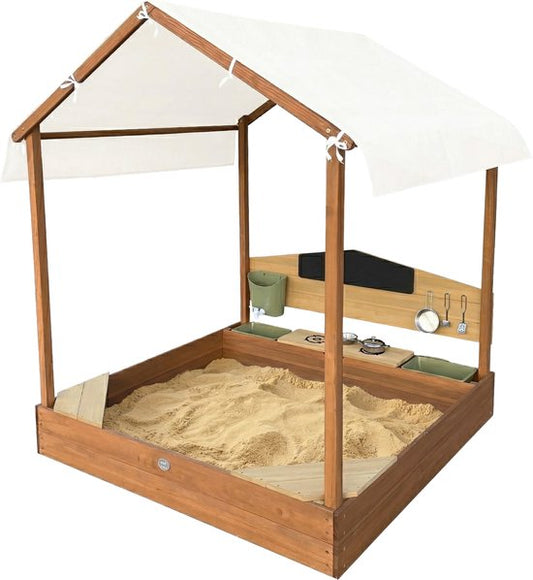 AXI Meli Bac à sable et maisonnette 120 x 120 cm avec cuisine jouet – Marron – Avec toit – Bois FSC – Avec tableau noir, réservoir d'eau et set de cuisine jouet 6 pièces – Avec 2 bancs - Toile de protection incluse – Garantie de 10 ans
