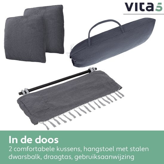 Vita5 XXL Hamac Chair | Nid suspendu intérieur/extérieur | 2 coussins et boîte à livres inclus | Adultes et enfants | Hamac Chair jusqu'à 200kg | Gris foncé