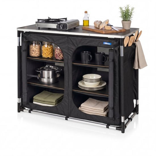 Cuisine de camping d'extérieur – Meuble de camping – Cuisine d'extérieur – 6 compartiments – Structure en aluminium – Pieds réglables – Gris - Tristar KI-0769