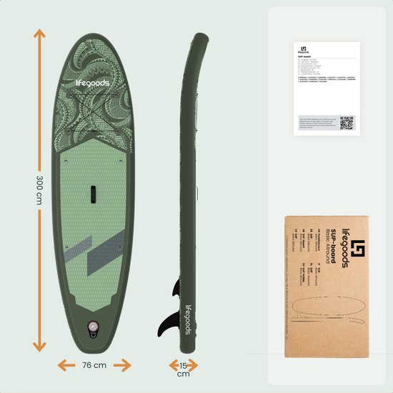 LifeGoods SUP Board All-round Compact - 100 KG Load Capacity - 300 x 76 cm - Inflatable - Complete SUP Package - Green/Leger Green
