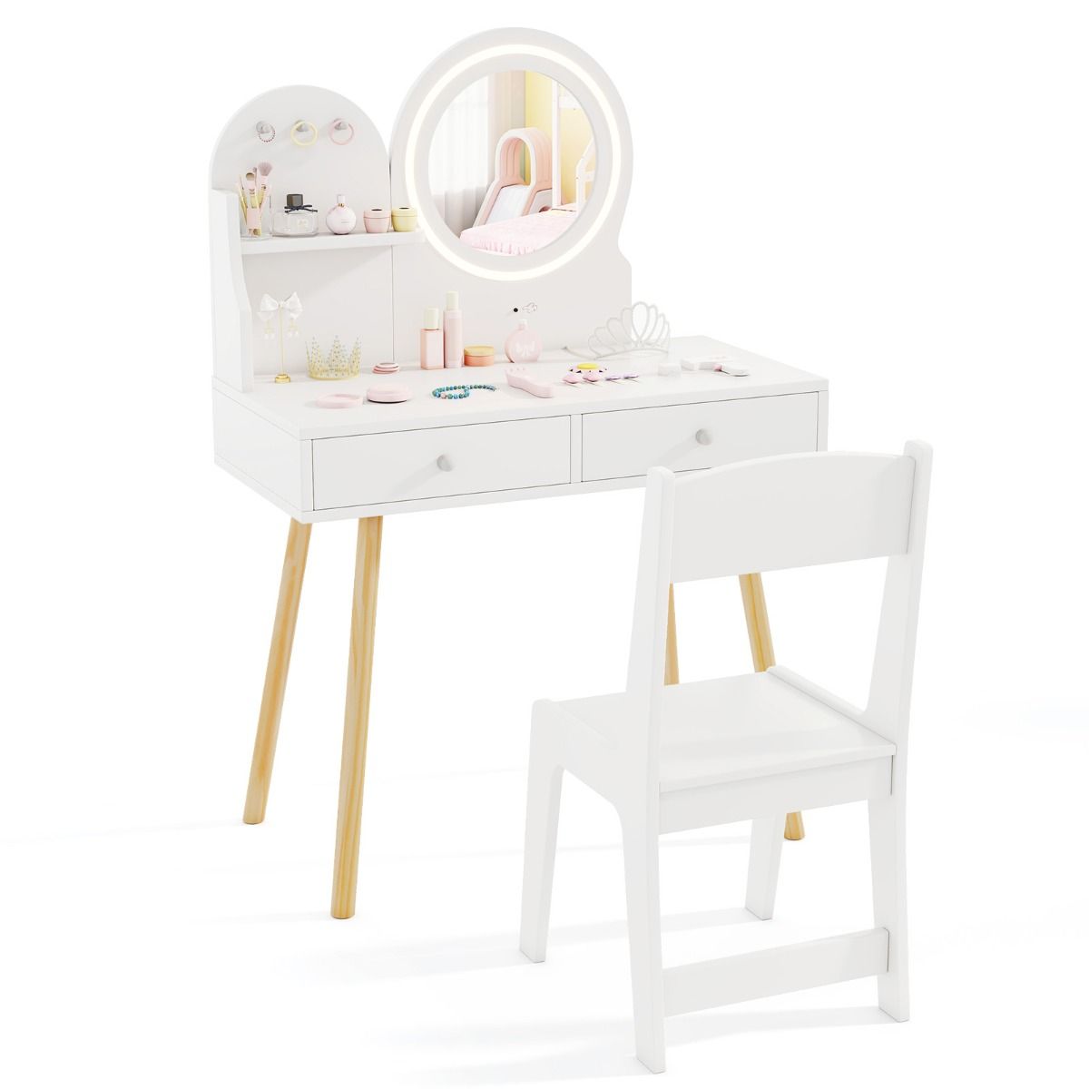 Ensemble de coiffeuse pour enfants Coast - miroir éclairé - espace de rangement avec tiroirs et crochets - blanc