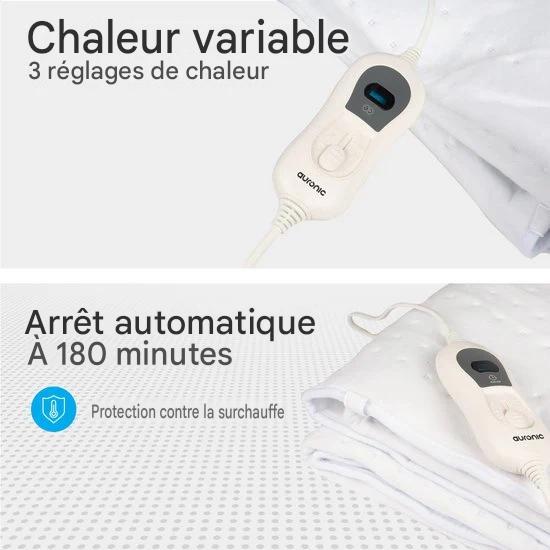 Couverture électrique - Auronic - 2 personnes - 160x140cm - avec élastiques d'angle et 2 contrôleurs - Blanc