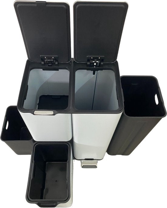 Bayt Poubelle - Poubelle 60 litres - Poubelle 60 litres - Poubelle à pédale 60 litres - Poubelle tri sélectif - Poubelle 3 compartiments - Poubelle - inox - Blanc