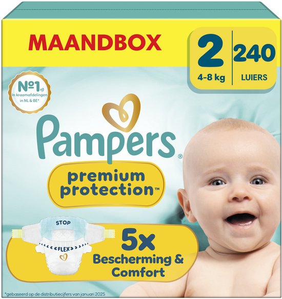 Pampers Premium Protection Taille 2 - 240 couches - 4 kg à 8 kg - Coffret mensuel