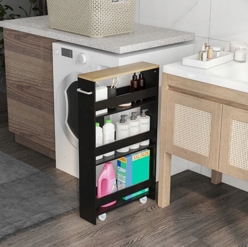 COAST Etagère de rangement étroite sur roulettes - 4 niveaux - avec plateau en bois et porte-serviettes - 48 x 13 x 81 cm - noir/marron