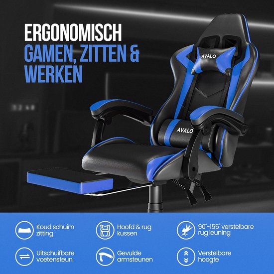 Avalo Gaming Chair - Chaise de jeu - Chaise de bureau ergonomique réglable - Chaise de jeu - Chaise de jeu - Noir/Bleu