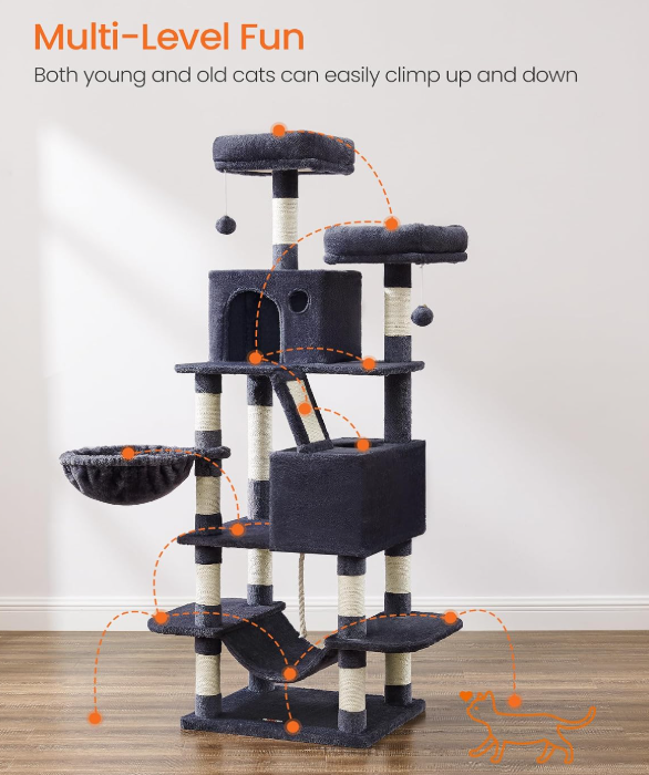 Songmics Arbre à chat 168 cm - Tour pour chat avec 13 poteaux à griffer - Gris fumé