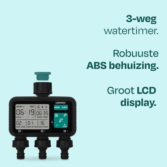 VONROC 3-way water timer - Ordinateur d'arrosage pour 3 zones - Temps et fréquence d'arrosage réglables par zone