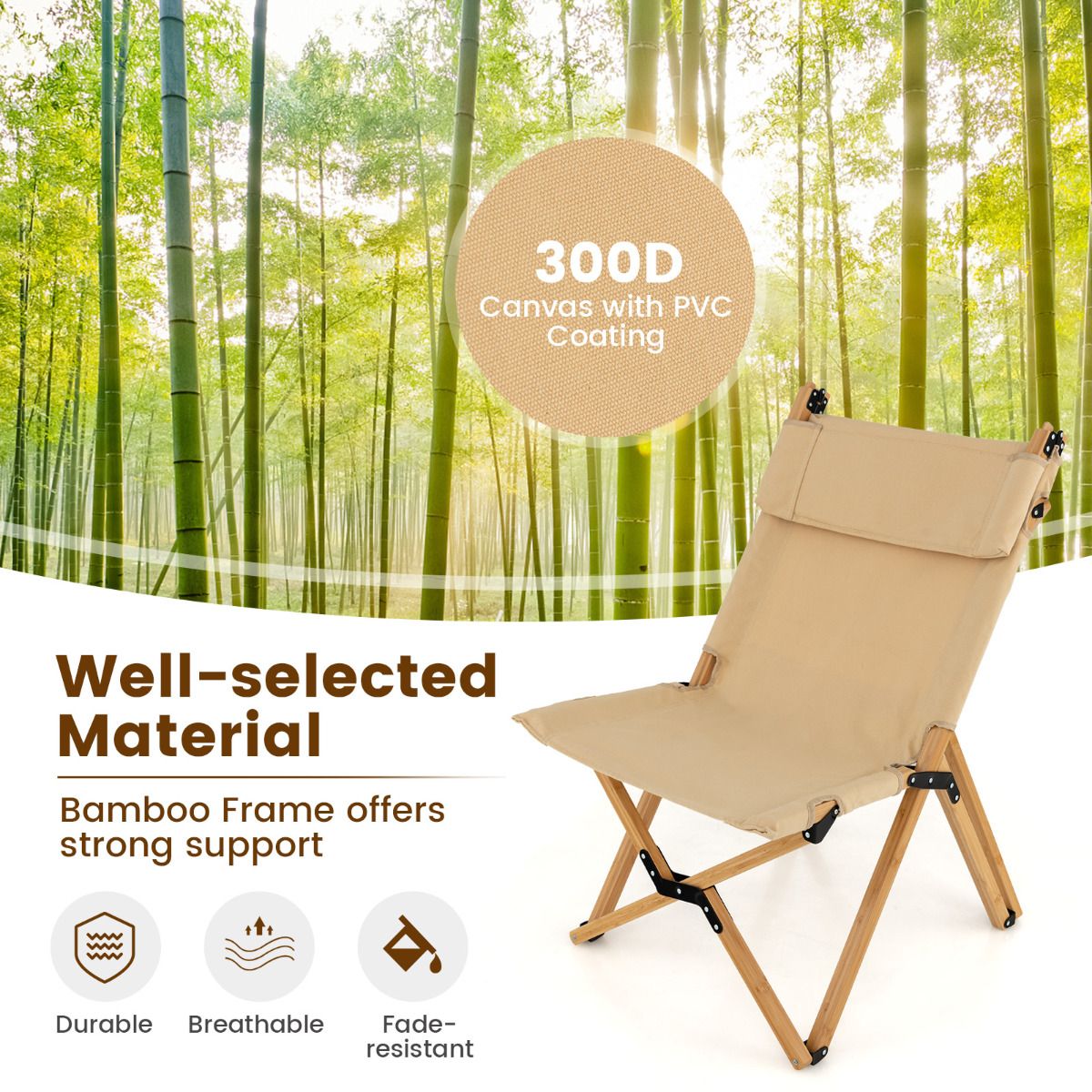 Chaise de camping pliable Coast - Bambou - Dossier réglable - Sac de transport inclus - Naturel